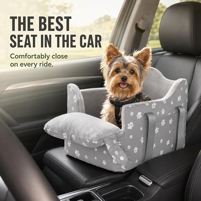 Center Console Dog Car Booster Seat for Small Dogs 0-15 lbs - Grey Pet Travel Carrier Safety Leash, Detachable Seat Belt & Storage Pockets