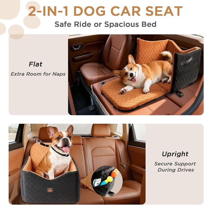 Dog Car Seat for Small/Medium Dogs Up to 35lbs, Puppy Car Seat with Thick Cushion, Detachable Washable Dog Carseat with Storage Pockets, 2 Safety Belts (Brown)