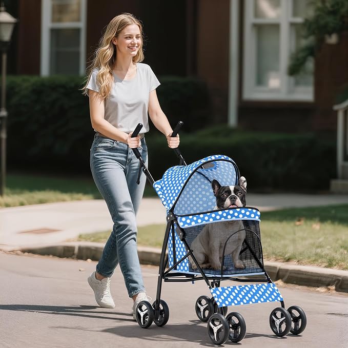 Dog Stroller for Small Dogs 10 lbs -22lbs Puppy Stroller Medium Dog Wagon Small Pet Stroller for Cats, Cat Strollers for 2 Cats, Rear Storage, Blue Polka Dots