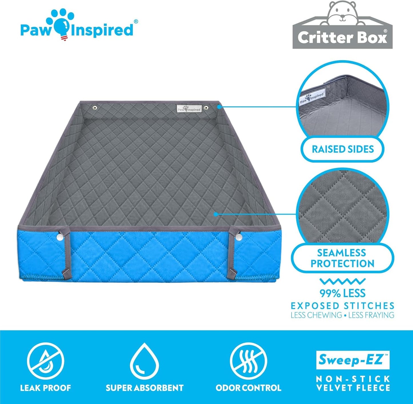 Paw Inspired Critter Box Washable Cage Liner, Reversible Fleece Bedding with Raised Sides for Guinea Pigs and Other Small Animals (Midwest, Gray/Blue)