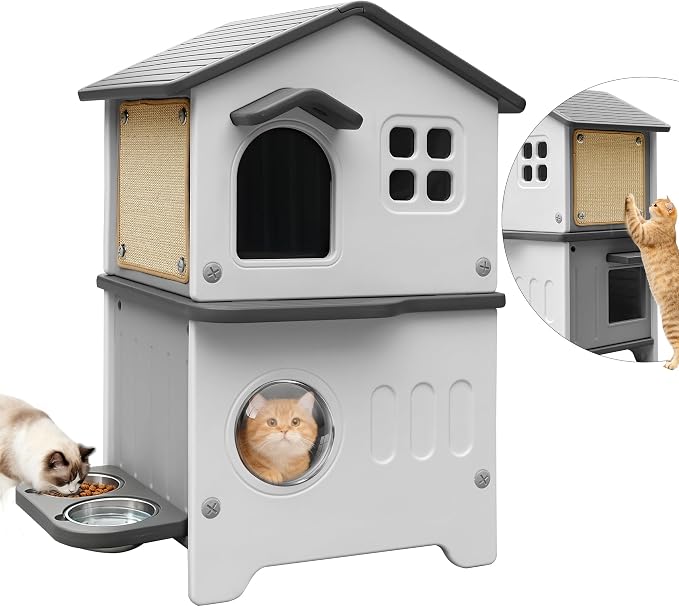 Cat House Outdoor Weatherpoof Plastic Cats Houses 2-Story | with Elevated Cat Bowls, Cat Scratch Pads and Escape Door, Indoor Waterproof Feral Cat Shelter Outside for Multiple Cats