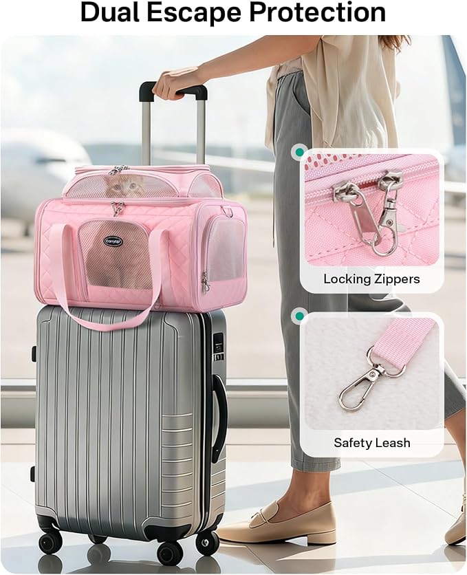 Cat Carrier Airline Approved 17x11x9.5 Inches, Top Expandable Soft Sided Pet Travel Carrier for Cats & Small Dogs, Fits Under Airline Seat with Locking Zippers, Pink