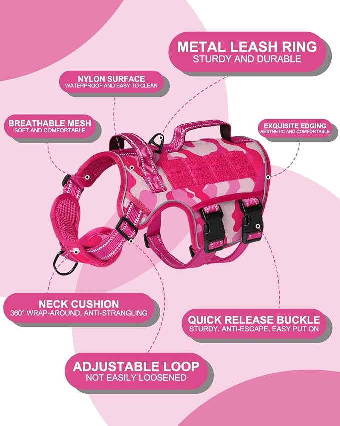 Dog Harness Medium Sized Dog, No Pull Dog Vest with Molle System | Tactical, Easy Control With Handle, Breathable Soft Padded, Adjustable, Reflective, No Choke for Walking, Pink Camo Medium
