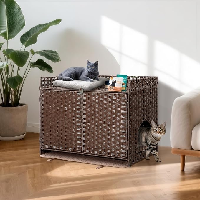Hidden Cat Litter Box Furniture Enclosure – Handwoven Rattan Pet House with Removable Mat, Large Indoor Cat Litter Box with Elevated Metal Feet (30.3x18.2x24.5in), Modern Design for Living Room,Brown