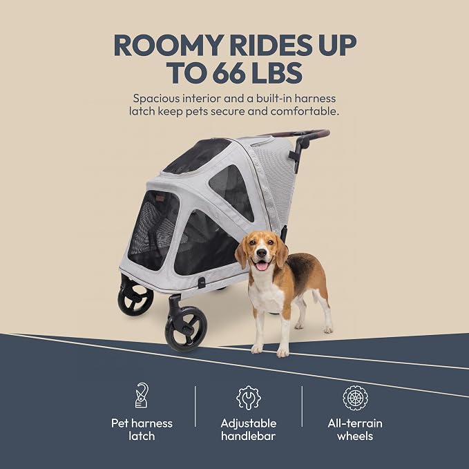 WonderFold Hudson Pet Stroller for Medium Pets - super FLATFOLD: Even the Wheels Fold In - GRAY, MEDIUM