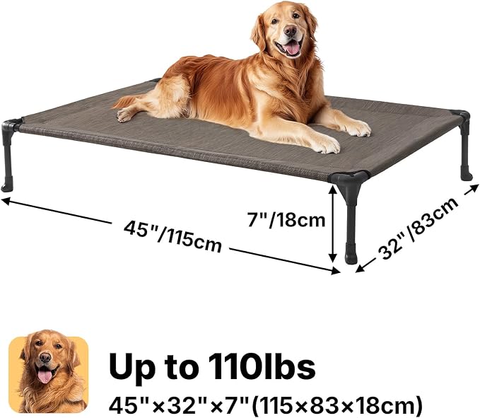 Veehoo Outdoor Elevated Dog Bed Large Sized Dogs, Cooling Raised Dog Cots | Off-ground training platform, portable camping hammock, breathable mesh, easy to clean, no-tool setup, 45"x33", Brown