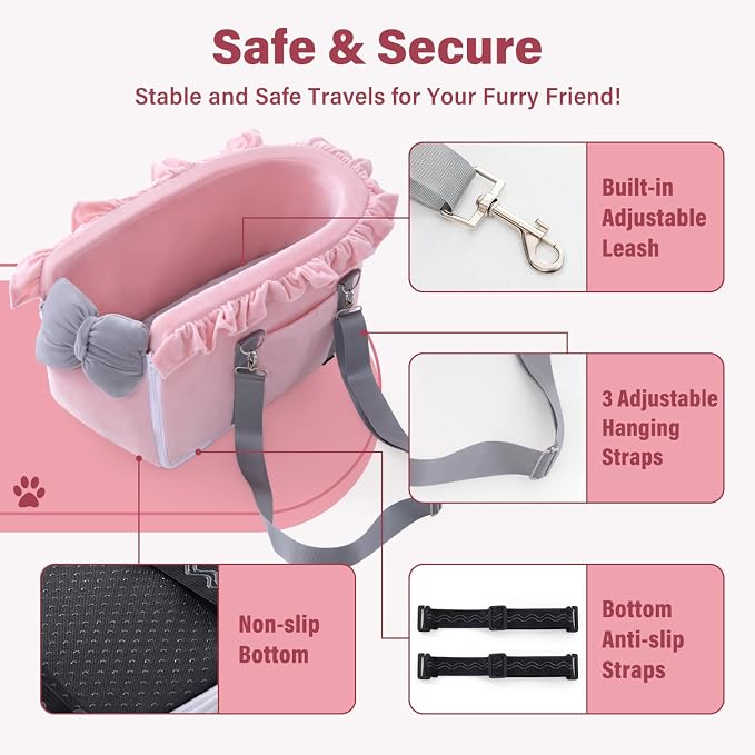 Jaoul Dog Car Seat for Small Dogs - Fully Detachable with Adjustable Straps Center Console Dog Car Seat - Comfortable Bow Design Pet Seats - Portable Pet Booster for Puppy, Cat (Pink Gray)