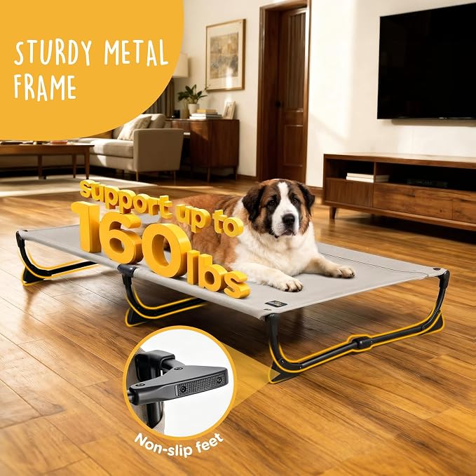 Upgraded Non-Slip Daisy Cot, Large Foldable Elevated Dog Bed, Portable Raised Outdoor Folding Dog Cot for Camping/Home, Chew Proof Waterproof Heavy Duty Up to 160 Lbs, Brown, 43"x27"