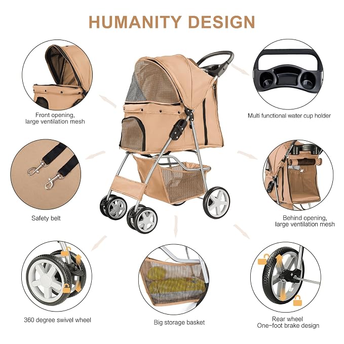 Pet Stroller for Small Dogs and CatsQuick-Folding Portable Travel Cat Dog Stroller with Storage Basket and Cup Holder, 4 Wheels, Beige