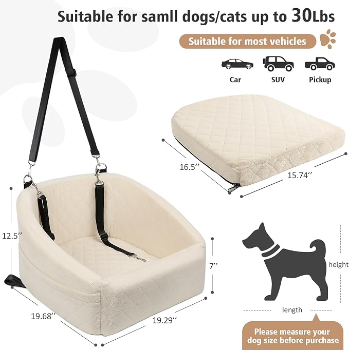 NEEZUKAR Dog Car Seat for Small Medium Dogs,Detachable Washable Dog Booster Seat Under 30lbs, Pet Car Seat Travel Bed with Storage Pockets and Dog Safety Belt (White)
