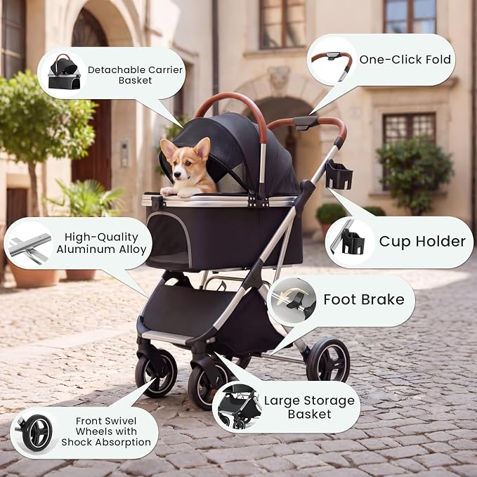 Dog Strollers for Small Medium Dogs Cats 44 lbs,3-in-1 Detachable Pet Carrier Stroller,4 Wheels One-Hand Fold Travel Carriage with Storage Basket,Pet Pad,Cup Holder(Black)