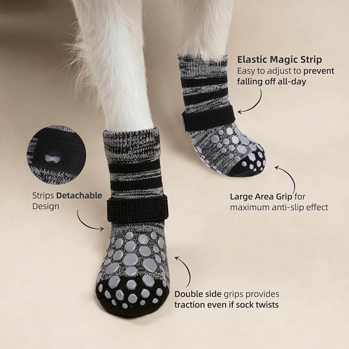 PUPTECK Anti-Slip Dog Socks with Double Sides for Small Medium Large Dogs Hardwood Floors Prevents Licking, Dog Shoes for Hot Pavement Traction Control Paw Protector for Senior Dogs, Striped Black XS