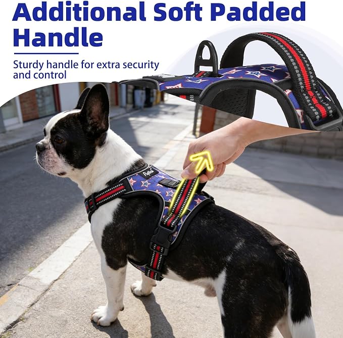 PUPTECK No Pull Tactical Dog Harness for Large, Adjustable Reflective Dog Harness with Handle Easy Control, Comfortable Soft Padded Pet Vest Harness for Large Dogs, Blue Stars L