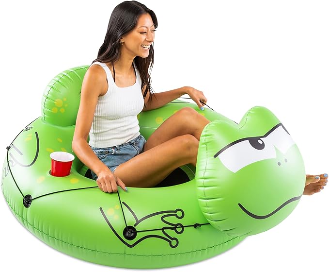 BigMouth Inc Large Frog River Tube with Mesh Seat, Heavy Duty Vinyl Raft for Waterway Drifting, Built-in Cup Holder and Grab Rope, Comfortable Floating Ride for Lakes, Streams, Adults and Kids