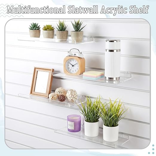 Yalikop 4 Pcs Slatwall Shelves Clear Acrylic Slatwall Shelves Organizer Wall Mounted Hanging Accessories Plastic Panel Display Shelf for Retail Store Boutique Garage Home(No Fence Style,14 x 6 Inch)