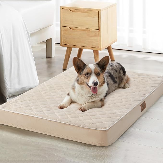 WNPETHOME Orthopedic Waterproof Large Sized Senior Dogs Bed for Comfy Sleep | Washable Ped Bed with Removable Cover, Multi-Needle Quilting Large Dogs Crate Bed for Dog Relax, Beige 36x27 Inch
