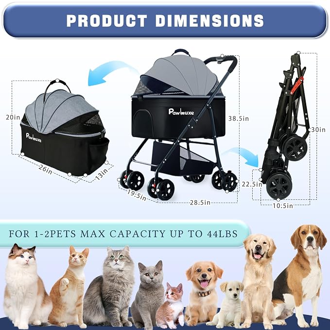 4 Wheels Pet Stroller 4 in 1 Pet Stroller with Detachable Carrier for Small & Medium Dogs Cats up to 55 lbs Easy-Folding Travel Dog Wagon with Car Seat Breathable Mesh,Black