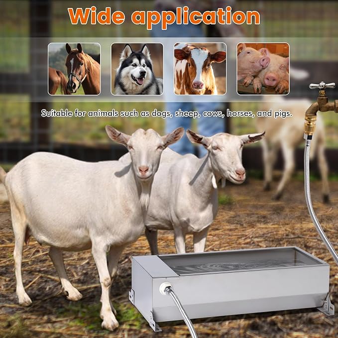 Automatic Large Dog Water Bowl Dispenser Outdoor Stainless Steel Automatic Livestock Water Trough Large Capacity Auto Fill Dog Waterer with Float Valve, for Chicken Geese Duck Goat Pig