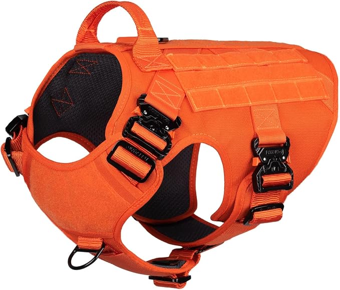 ICEFANG Tactical Dog Harness for X-Large Dogs,Full Metal Buckles Dog Vest | with MOLLE, Reflective,Adjustable,2 Leash Clips,Control Handle,No Pull,Soft Padded,Orange,X-Large