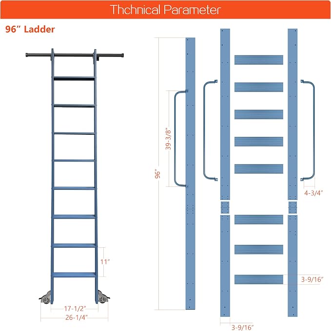 DIYHD 96" Rolling Library Ladder with Handrail, 4FT Sliding Rail, Blue | 8-Step lightweight ladder with space-saving upright storage, Telescopic top hooks, Locking bottom rollers, 300lbs capacity
