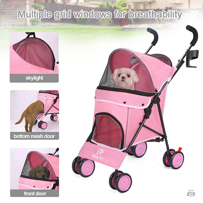 Pet Stroller for Small Dogs Medium Dogs 33lbs, Dog Pram Ultra Light - only 3.5 kg, Dog Stroller Pet Pram with 4 Wheel Foldable/Storage Basket/Cup Holder-P07 (Hot Pink)