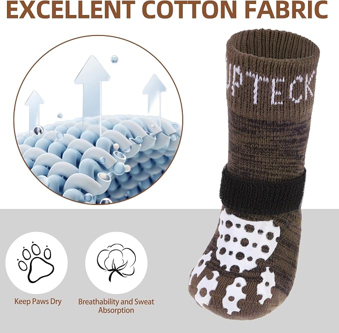 PUPTECK Anti-Slip Dog Socks with Double Sides Grips for Small Medium Large Dogs Hardwood Floors Prevents Licking, Dog Shoes for Hot Pavement Traction Control for Senior Dogs, Coffee Brown L
