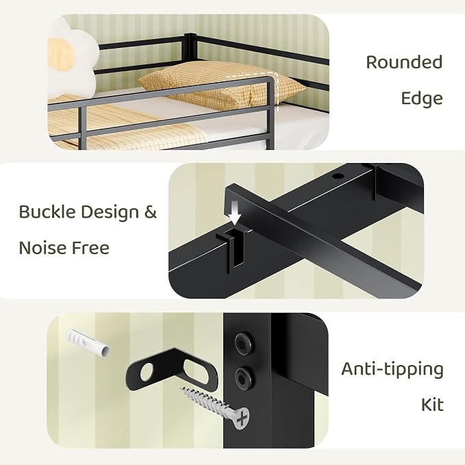 Bonnlo Low Loft Bed with 3 Drawers, 2-Tier Storage Shelf and Toy Storage Basket, Metal loft Bed Twin Size with LED Lights and Safety Guardrail for Kids (Black)