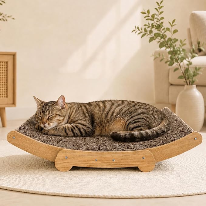 Curved Cat Scratcher Lounge Cat Scratching Board Bed, Natural Cardboard Cat Scratcher Sofa with Wooden Base, Comfortable Resting & Playing Scratching Pad for Indoor Cats