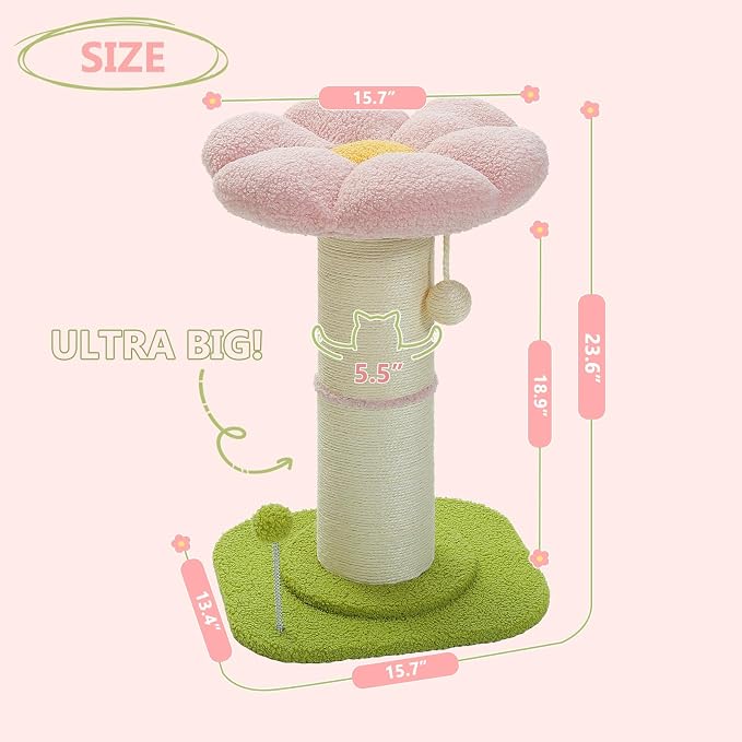 PEQULTI Flower Cat Scratching Post, Small Cat Tree, Scratcher for Indoor Cats with Super Thick Scratching Post [Dia=5.5''], Removable Flower Bed, Cat Scratch Post with Spring Ball, Pink