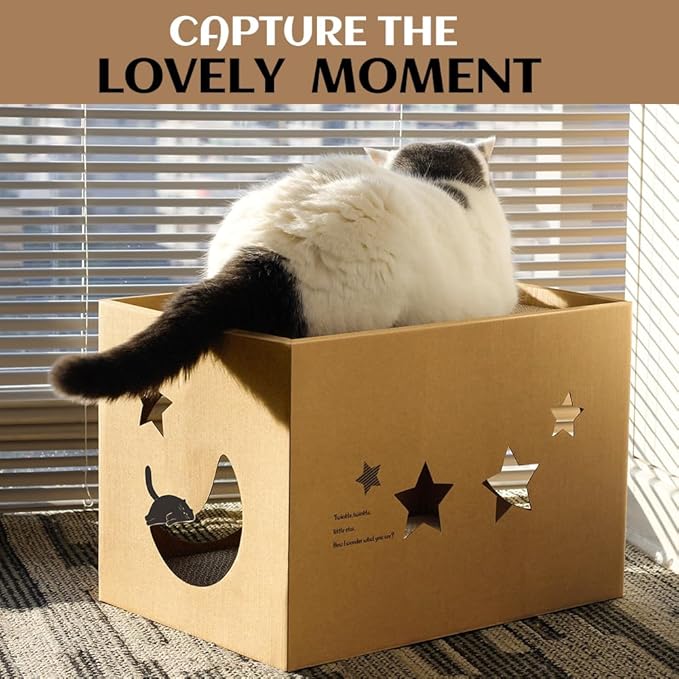 Cat Cardboard House with 2 PCS Scratching Pads，Large Cat Scratcher Bed Cat Scratchers Lounge for Indoor Cats with Corrugated Board Detachable Cat Scratcher Box for Cats(Star)