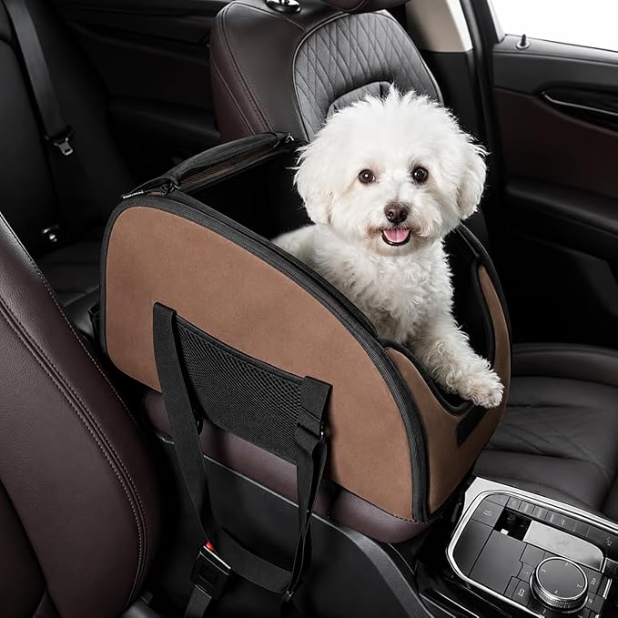 Center Console Dog Car Seat for Small Dogs, Portable Pet Booster Seat with Breathable Mesh Window, Non-Slip Armrest Dog Carrier for Cats & Puppies, Travel Car Seat, Brown
