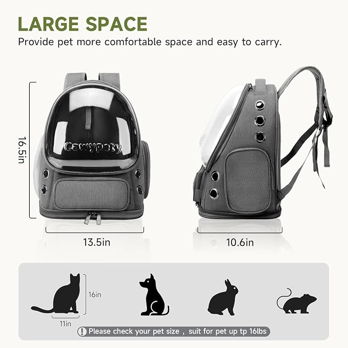 Cawypety Cat Backpack Carrier, Breathable Cat Carrier Large Space Bubble Pet Backpack for Kitty Small Dog up to 12lbs, Transparent & Foldable Pet Carrier for Travel Hiking