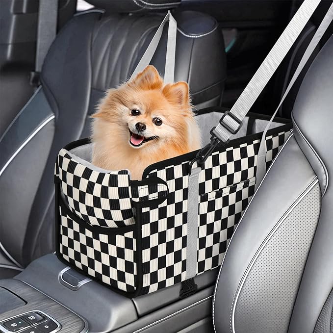 Console Dog Car Seat for Small Dogs, Foldable Booster Seat, Black Checkered | Portable Booster Seat Sits On Car Console/ Armrest. Foldable for Easy Storage. for Center Console, Easy To Clean.