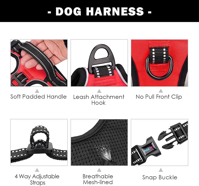 Reflective Dog Harness Large Breed Adjustable No Pull Vest | with Handle 2 Metal Rings 3 Buckles [Easy to Put on & Take Off](L, Red)