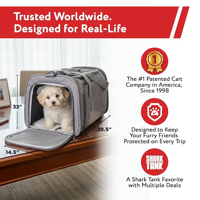 dbest Products Pet Smart Cart Sport, Soft Sided Collapsible Cat Carrier Airline Approved with Mesh Panels and Easy Side/Top Loading, Grey