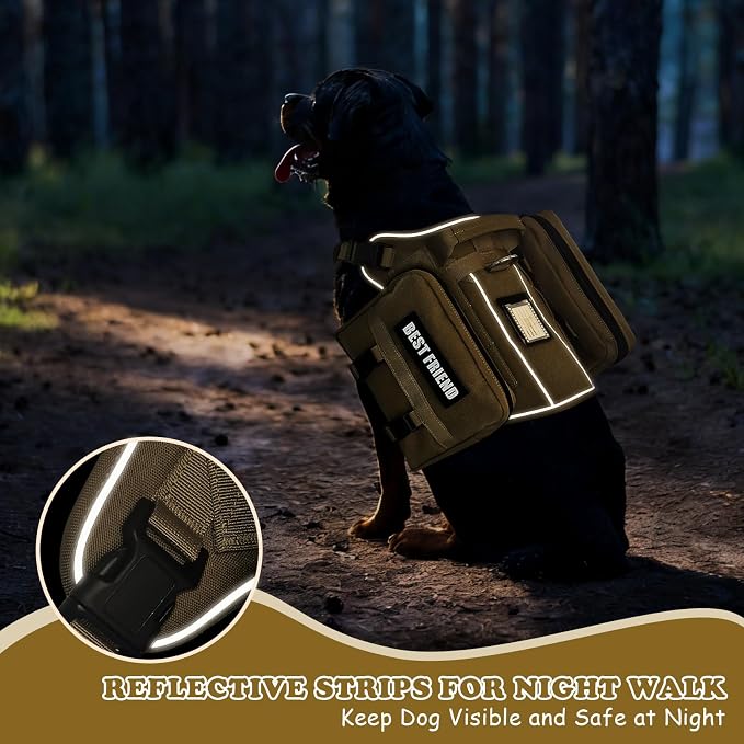 Dog Backpack Harness and Leash Set for Large Dogs Brown XL | Removable Side Pockets Dog Vest with Padded Handle&MOLLE,No Pull Front&Back Metal Clips for Hiking Training Walking Hunting