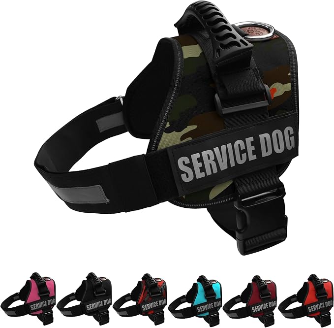 Service Dog Vest Harness – Reflective Service Animal Vest, No-Pull Harness with Handle & Mesh Padding – Sizes XXS-XL for Puppies – 2 Removable Service Patches Included(Medium,Green Camo)