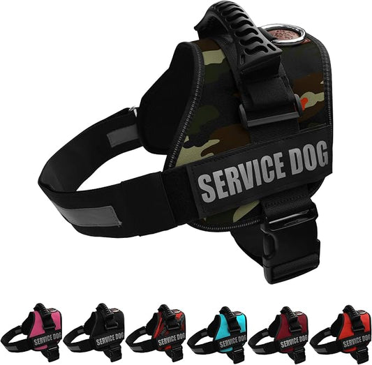 Service Dog Vest Harness – Reflective Service Animal Vest, No-Pull Harness with Handle & Mesh Padding – Sizes XXS-XL for Puppies – 2 Removable Service Patches Included (Large, Green Camo)