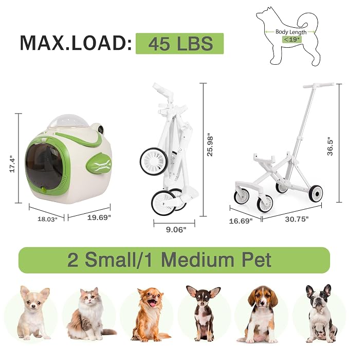 4 in 1 Foldable Pet Stroller with Detachable Carrier for Small Dogs & Cats, Space Capsule Travel Stroller with Inbuilt Fan,Temperature Display & Night Light,Puppy Kitty Doggie Bunny Stroller (Beige)