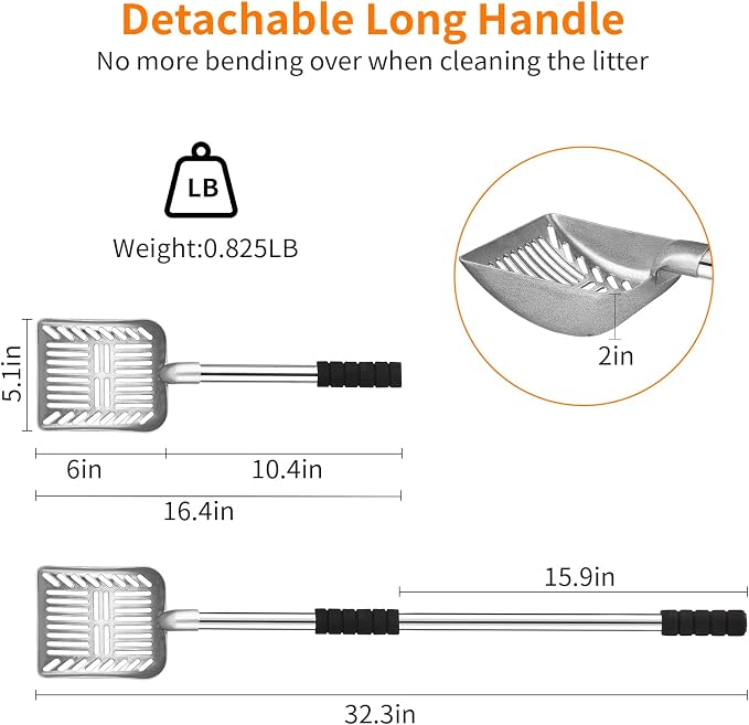 Yangbaga Metal Cat Litter Scoop: Detachable Long Handle Litter Scooper | Heavy Duty Stainless Steel Pooper Scooper w/Deep Shovel-Non Stick Sifter w/Foam Padded Grip-No Bending w/Storage Hook