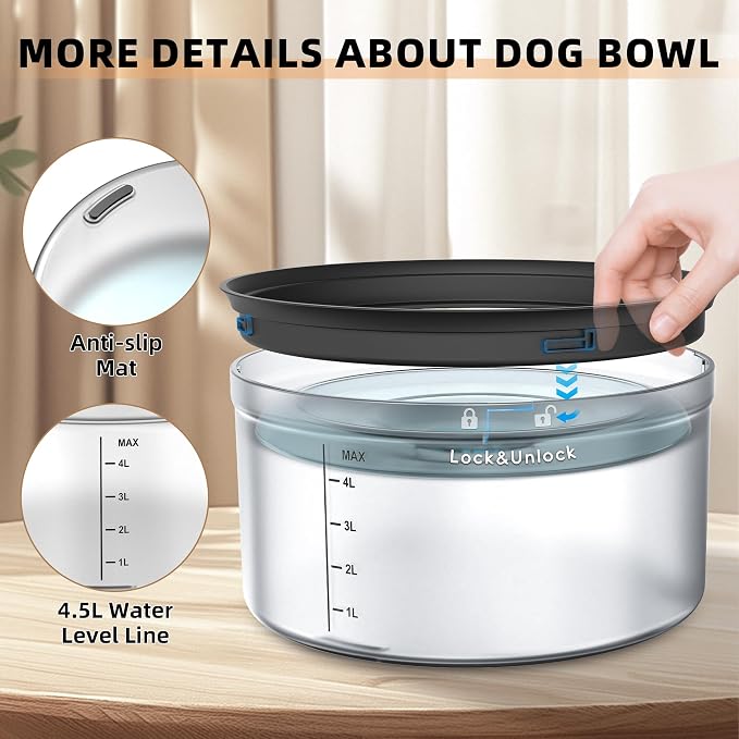 Decflow 1.2Gallon Dog Water Bowl No Spill, 4.5L Large Capacity Spill Proof Dog Bowls with Transparent Floating Disk, No Splash Slow Drinking Dog Bowl for Sloppy Messy Drinkers