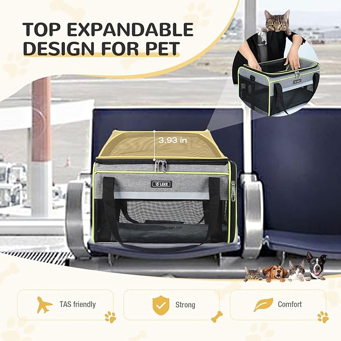 Lekereise Top-Expandable Pet Carrier 18x13x9.5 Inch Southwest Frontier Airline Approved Soft Sided Underseat to 15lbs Travel Carriers for Small Cats Dogs with Locking Safety Zippers Anti-Scratch Mesh
