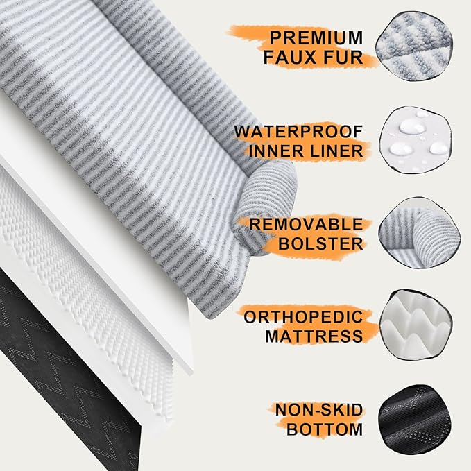 Orthopedic XL Dog Bed with Bolster for Extra Large Size Dogs | Pillow Support for Neck Relief, Egg Crate Foam, Skin-Friendly Surface, Waterproof Liner, Anti-Slip Bottom, 42 x 30 Inch