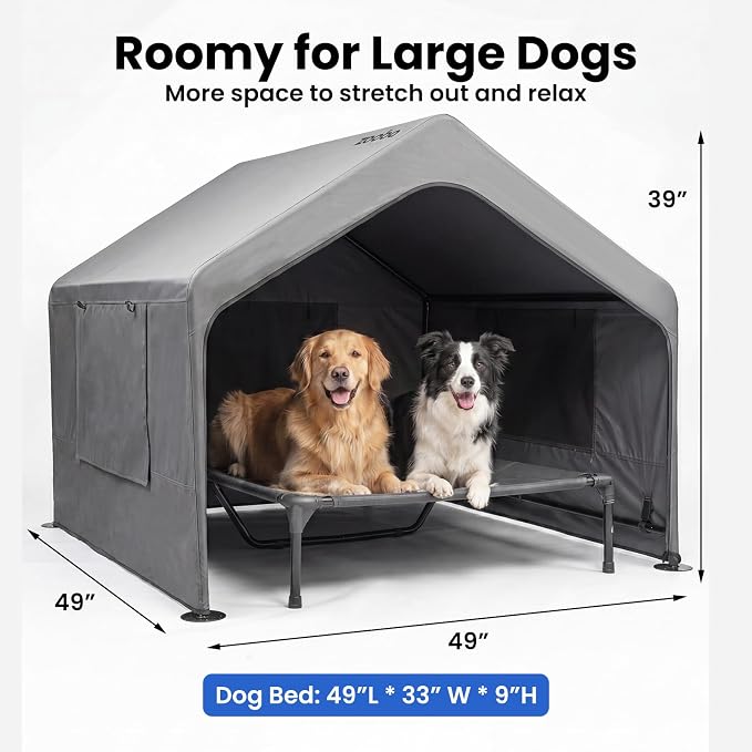 Zooba Extra Large Dog Shade with Elevated Bed, Outdoor Dog House Waterproof | 4’×4’×3.3’ Dog Shelter with Canopy, Dog Tent for Outside, 2-in-1 Separate Design, Grey