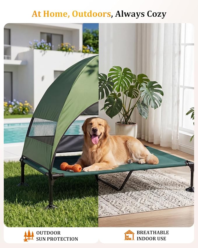 Elevated Outdoor Dog Bed with Canopy, Raised Dog Cot with Stable Adjustable Feet, Dog Camping Bed with Larger Shade, Lifted Dog Tent Bed with Canopy for Outside (Green, X-Large)