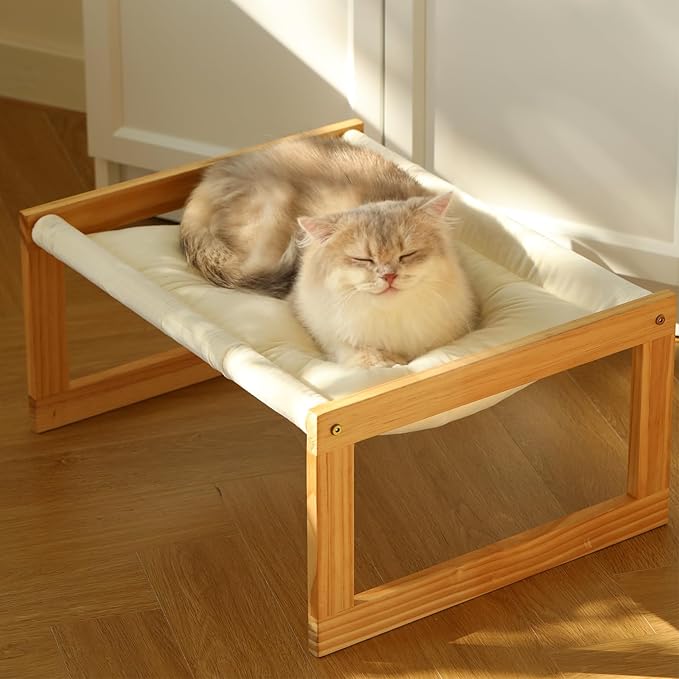 FUKUMARU Large Cat Hammock, Raised Dog Bed for Indoor and Outdoor, Washable | 21" Wooden Pet Beds, Cozy Velvet Cat Couch, Elevated Pet Sofa for Puppy, Bunny and Small Animal