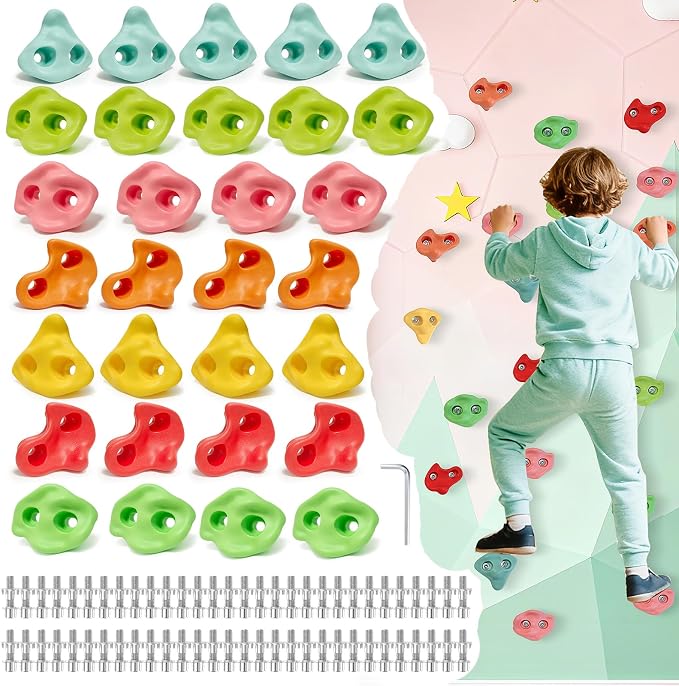 30 PCS Rock Climbing Holds for Kids, Climbing Rock Wall Grips, Adult Rock Wall Climbing Kit Large Climbing Holds for Play Set with Hardware for Indoor and Outdoor Climbing Wall Holds（Pastel Color）