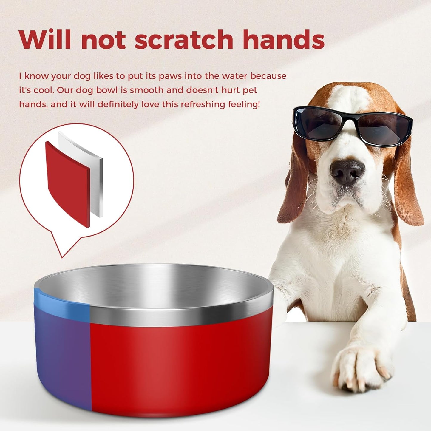 Dog Bowl, Stainless Steel Dog Food and Water Bowl with Non Slip Quiet Bottom, Easy to Clean, Dishwasher Safe, 40oz, Red