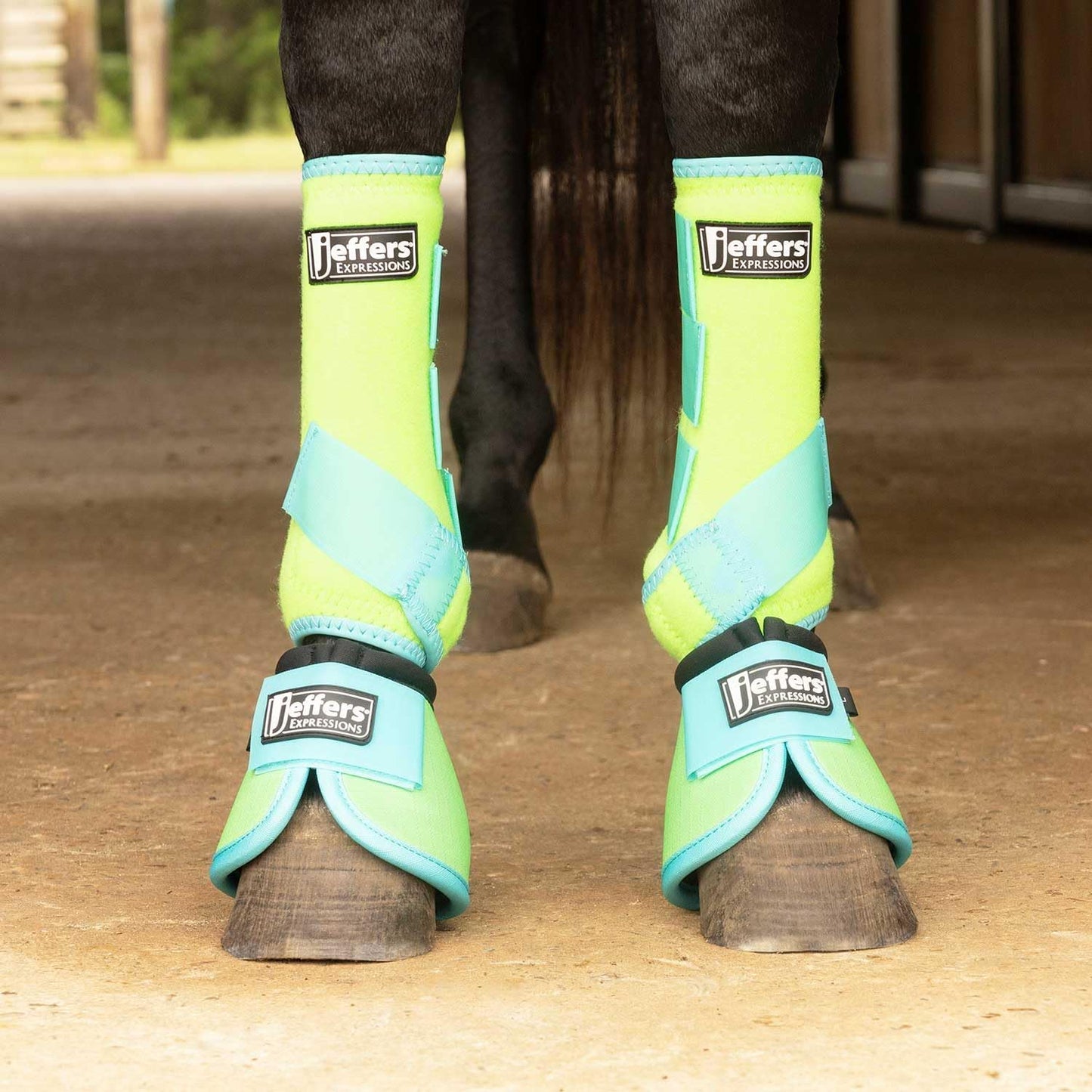 Jeffers Equine Neon Horse Boots – 1 Pair – Lime and Turquoise – Large Size – Breathable Neoprene, Secure Strap Closures – Durable Protection for Front & Hind Legs, Training, Trail & Riding Use