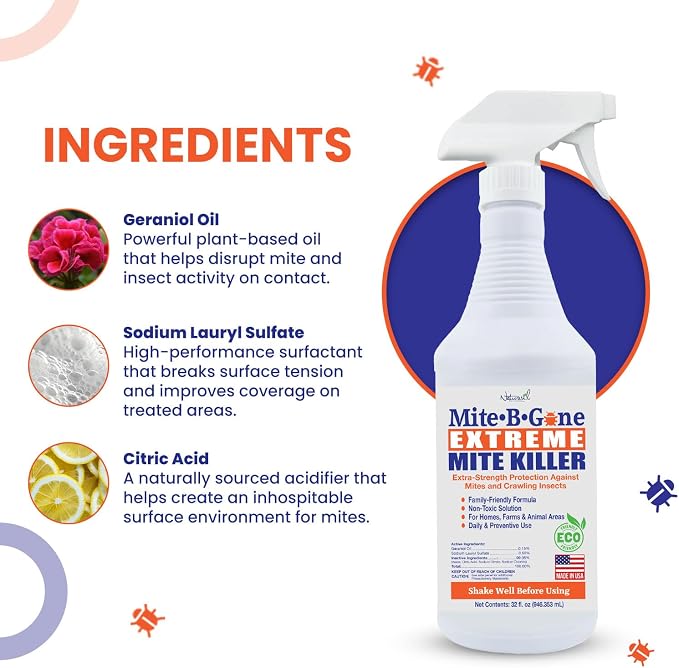 Mite-B-Gone Extreme Mite Killer Spray, 32 oz – Extra-Strength Surface Treatment for Bedding, Furniture, Carpets, Home & Pet Use – Plant-Based, Made in USA